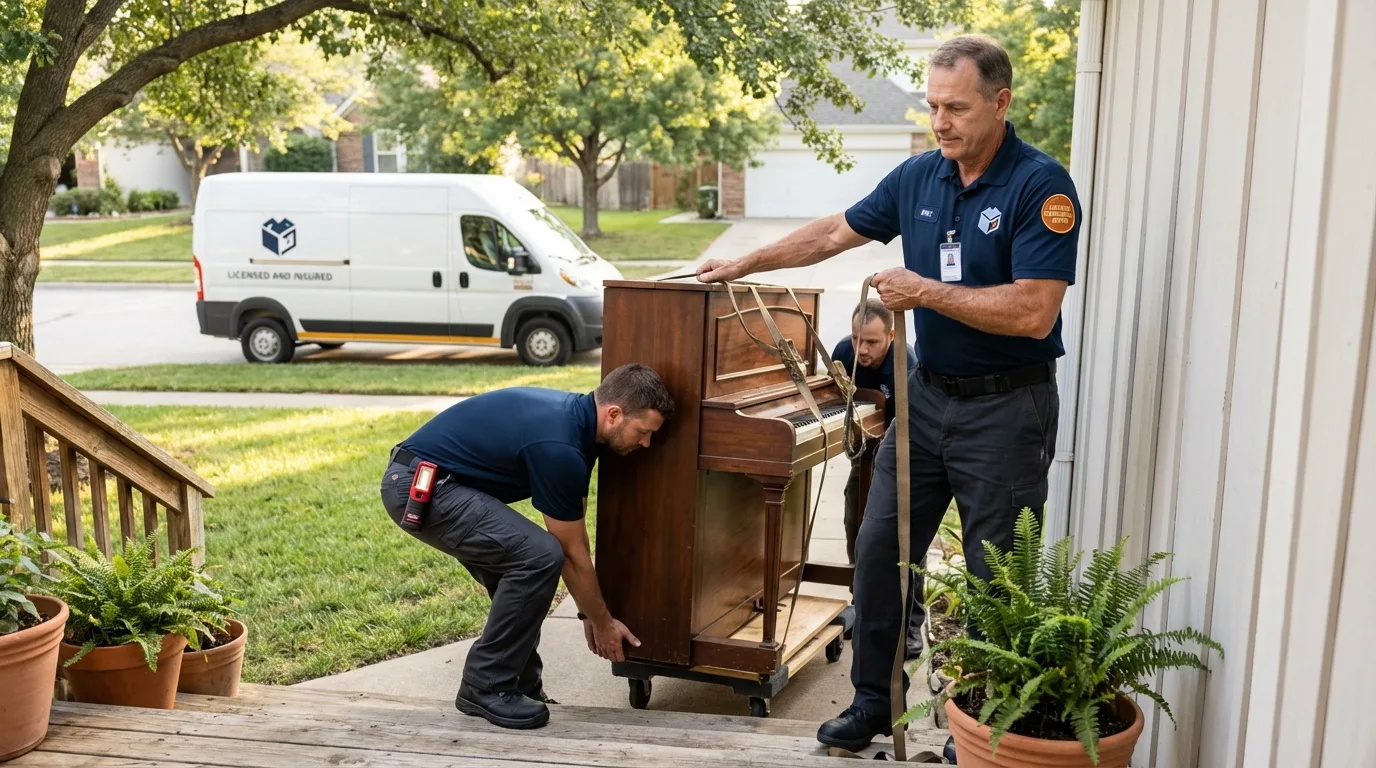 Licensed piano movers securing grand piano in Grangeville, ID