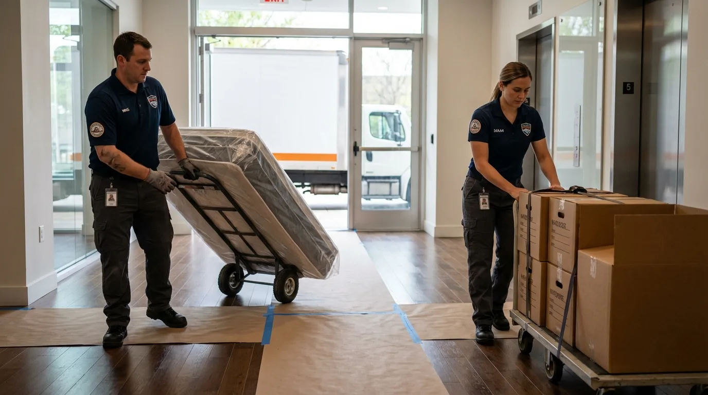 Professional apartment movers loading elevator in Grangeville, ID
